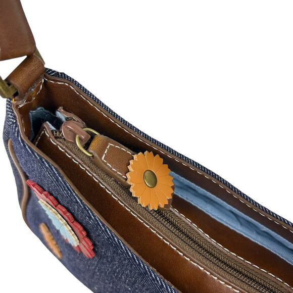 Y2K Liz Claiborne Denim Faux Leather Floral Applique Top Handle Shoulder Bag - Picture 5 of 6